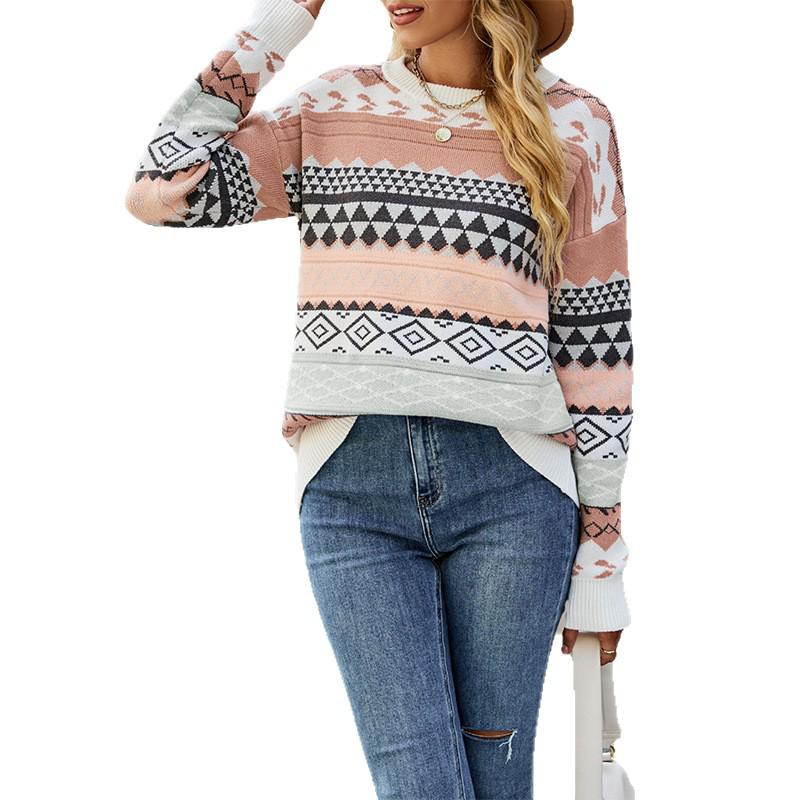 Autumn/Winter 2026 Women's Retro Diamond Jacquard Multicolor Patchwork Knit Pullover Sweater