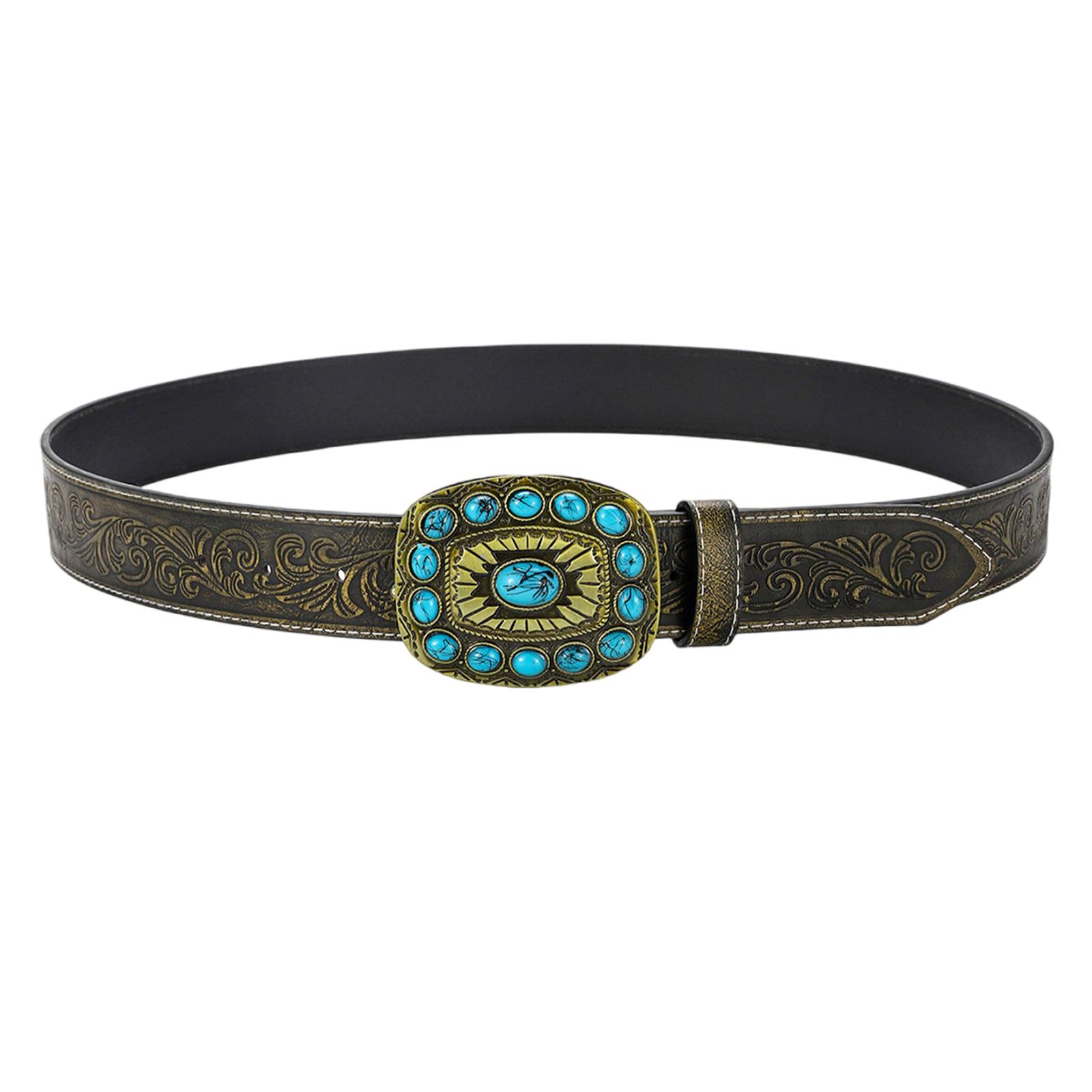 

Square Turquoise Buckle Waist Belt For Women Men Soft PU Embossed Waistband Adjustable Waiststrap for Bohemian Outfit 100
