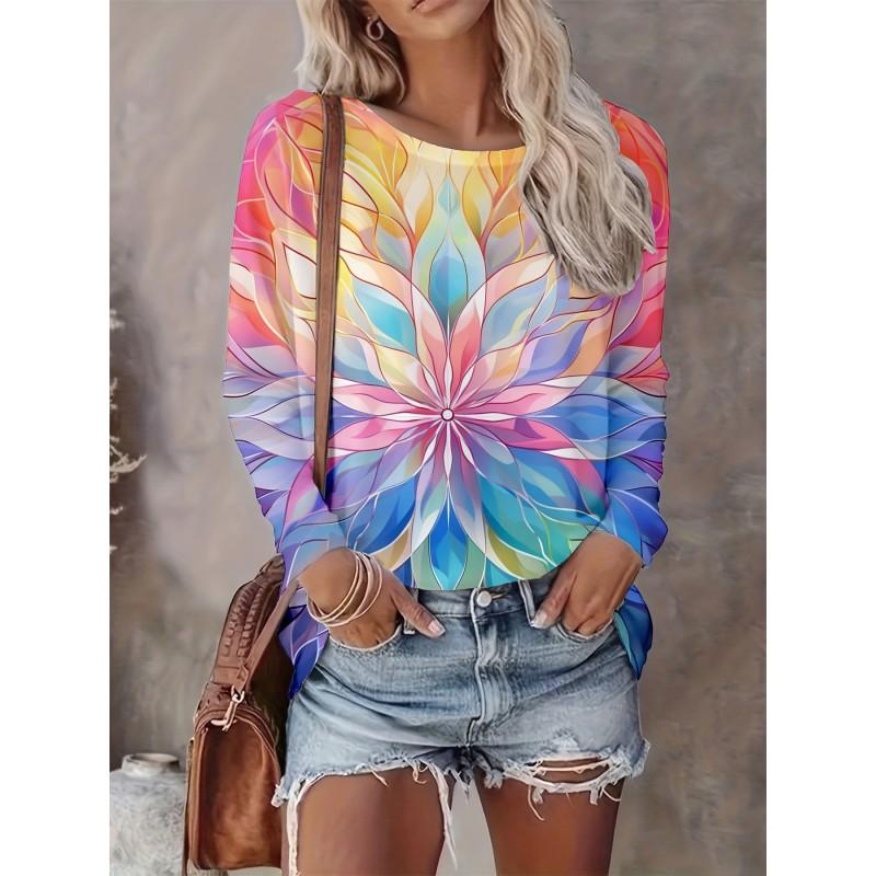 Womens Casual Abstract Print Long Sleeve Crew Neck T-Shirt 3D Effect 2025 Comfort Fit