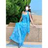 French gentle wind seaside vacation blue jacquard suspender dress is beautiful, beautiful, waist temperament long skirt