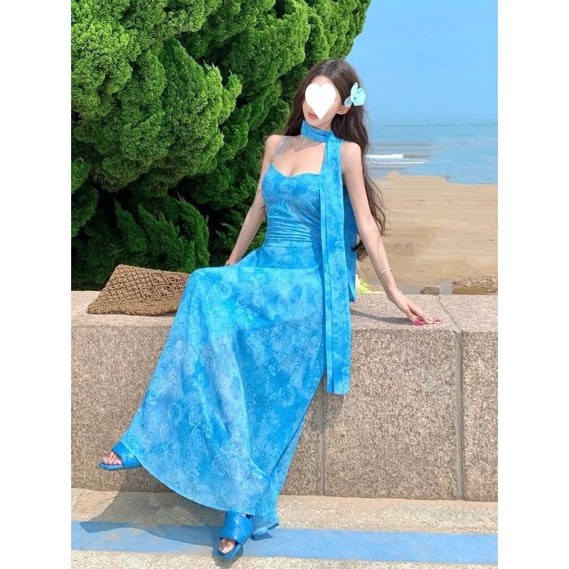 French gentle wind seaside vacation blue jacquard suspender dress is beautiful, beautiful, waist temperament long skirt