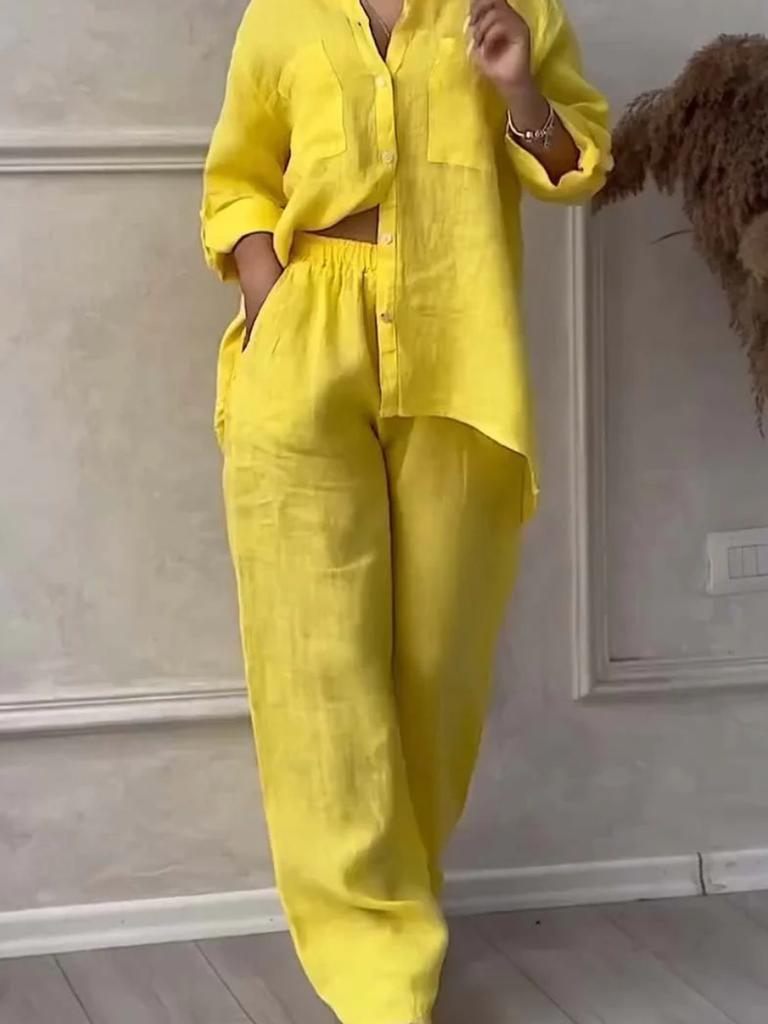 New Women's Solid Color One-Button Long Sleeve Shirt Two-Piece Set Wide Leg Pants with Tie Waist Trousers for Women