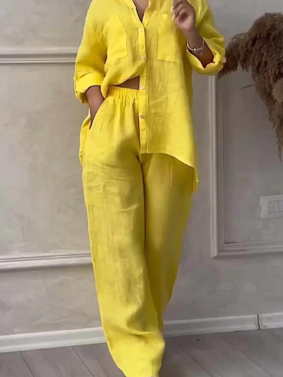 

Women s Solid Color One-Button Long Sleeve Shirt Two-Piece Set Wide Leg Pants with Tie Waist Trousers for Women XL жовтий