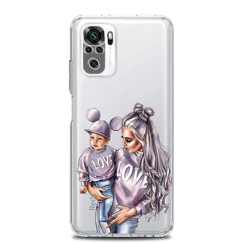 Queen Hair Baby Mom Girl Square Clear Soft Phone Case For Xiaomi Redmi Note 12 11 9S 9 8 10 Pro+ 7 8T 9C 9A 8A K40 Gaming Cover