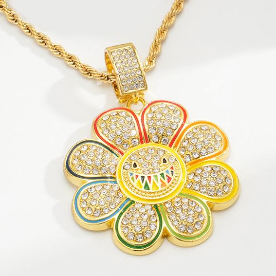 

Seven-Color Smiley Face Sunflower Hip Hop Pendant Necklace - High-Quality Drip Oil Alloy