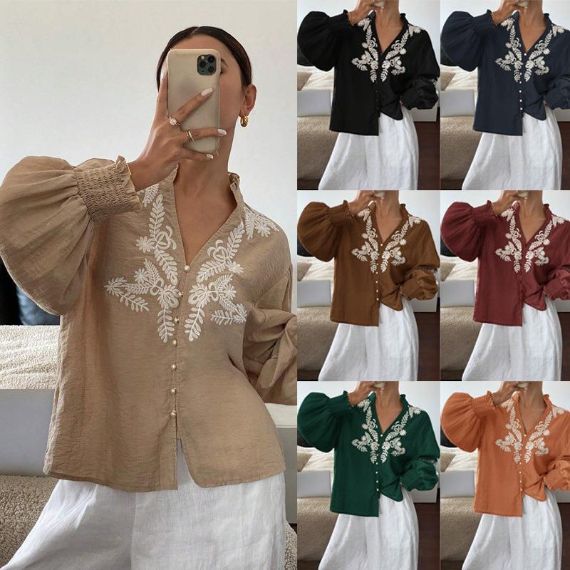 2026 New Style V-neck Solid Color Heavy Embroidered Pearl Single-breasted Lantern Long-sleeved Top