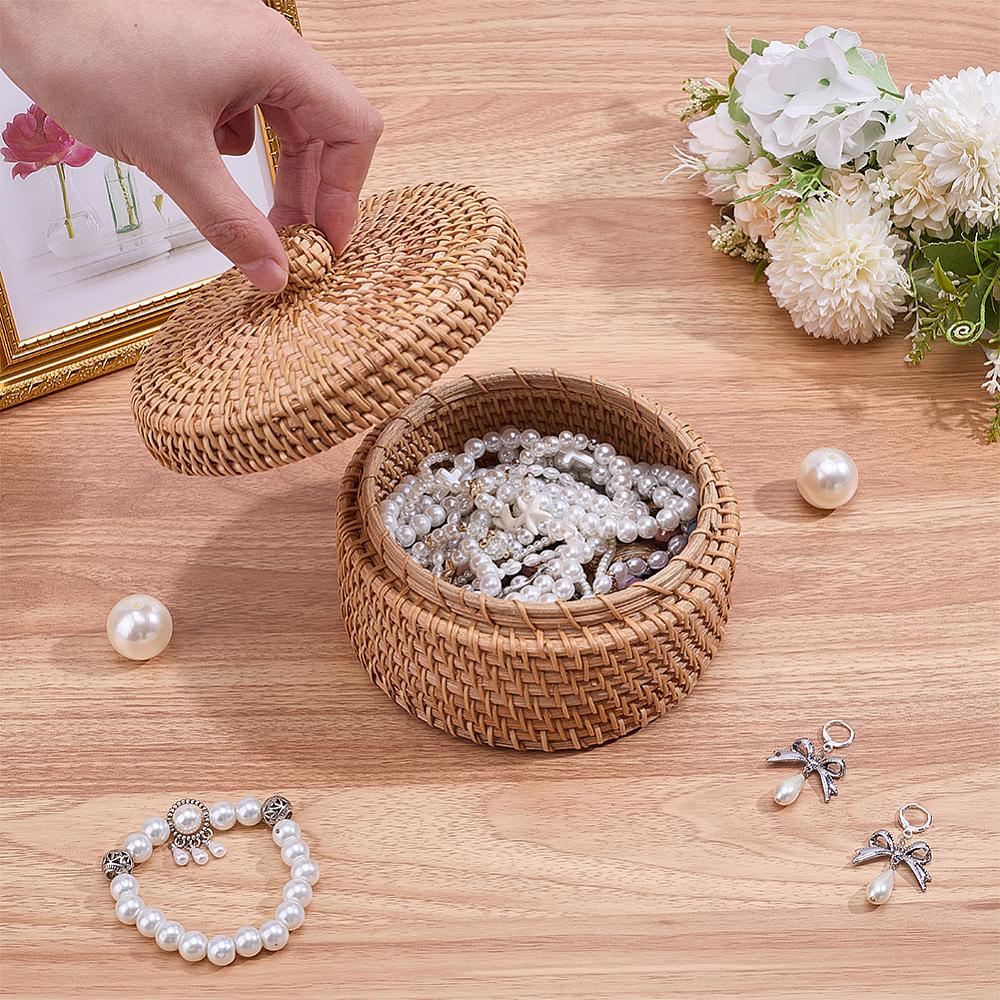 1pc Woven Rattan Round Storage box with Lid Camel 14x10.1cm
