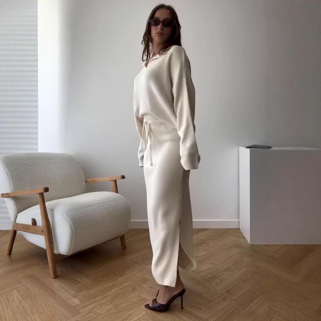 Podzim 2025 Evropský a americký styl Dámský pletený top s límečkem a midi sukně set