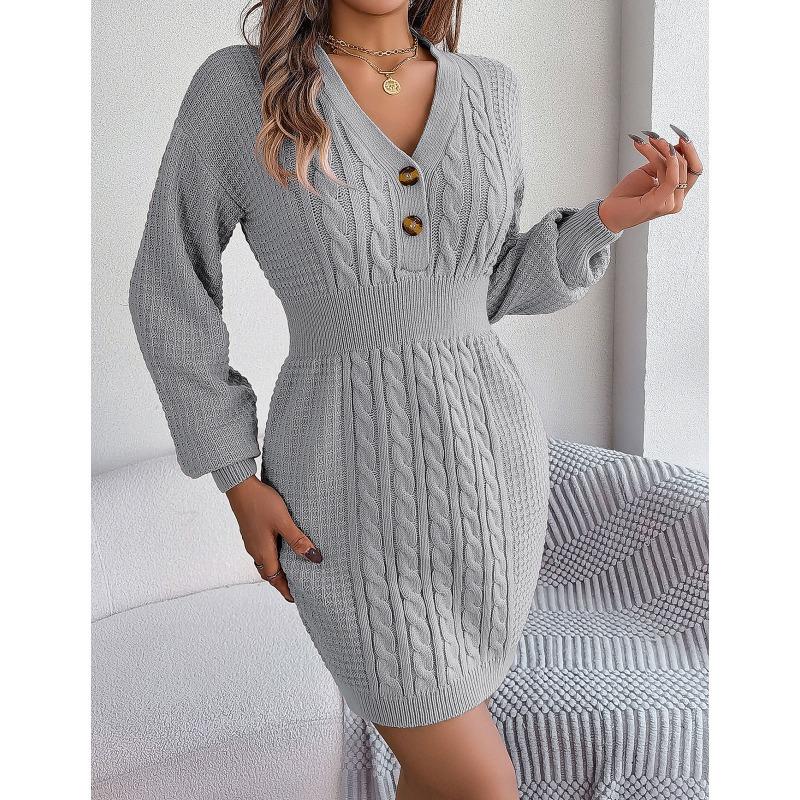 Women's Autumn/winter Twist Lantern Sleeve Hip Knit Button Sweater Dress