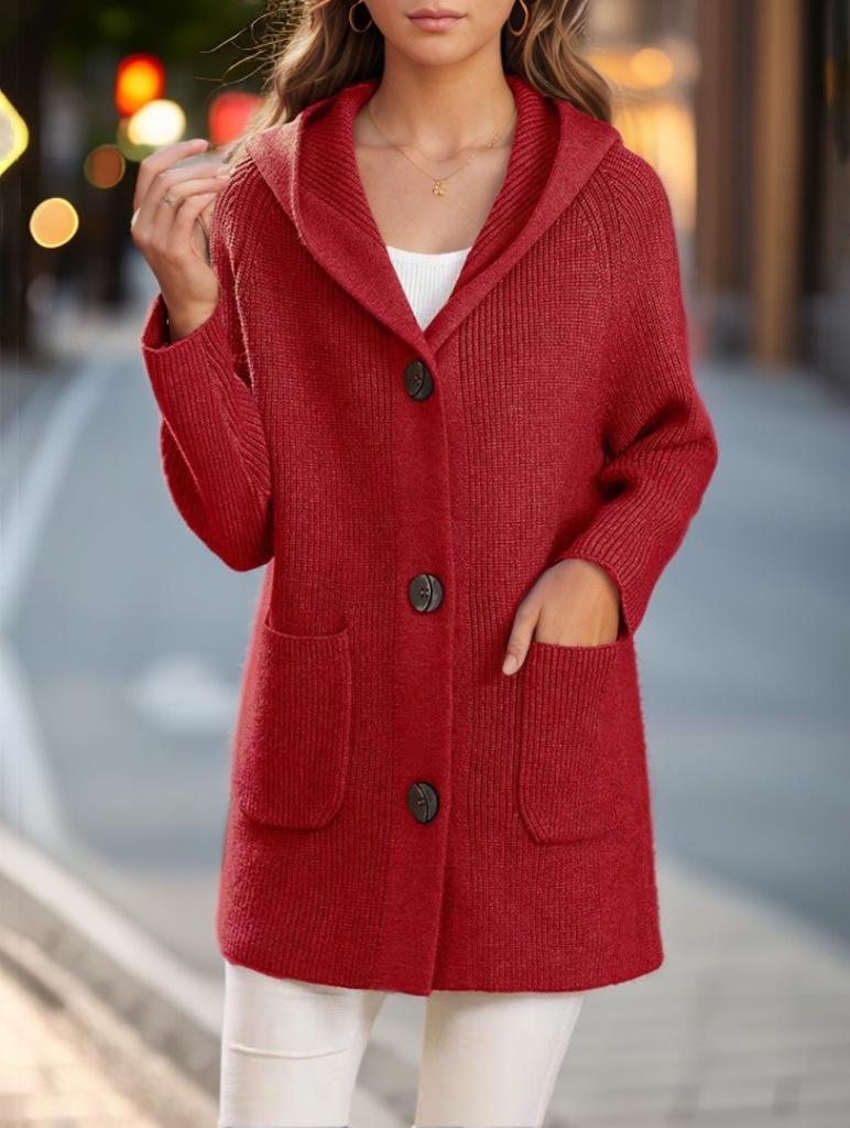 Women's Mid-Length Hooded Knit Cardigan - 2024 Autumn/Winter Casual Solid Thick Sweater Coat