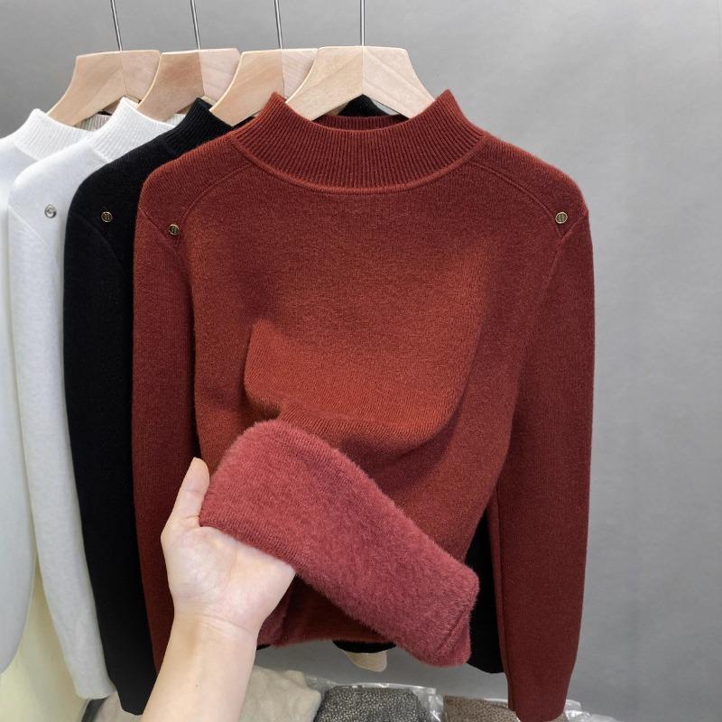 One-piece Fleece Semi-turtleneck Sweater Women's Fleece Thickened Bottoming Shirt Autumn and Winter New Knitted Sweater with Top Tide