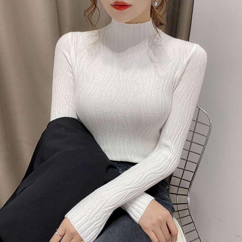 Autumn/Winter Women's Slim Fit Long-Sleeve Knitted Sweater with Semi-High Collar