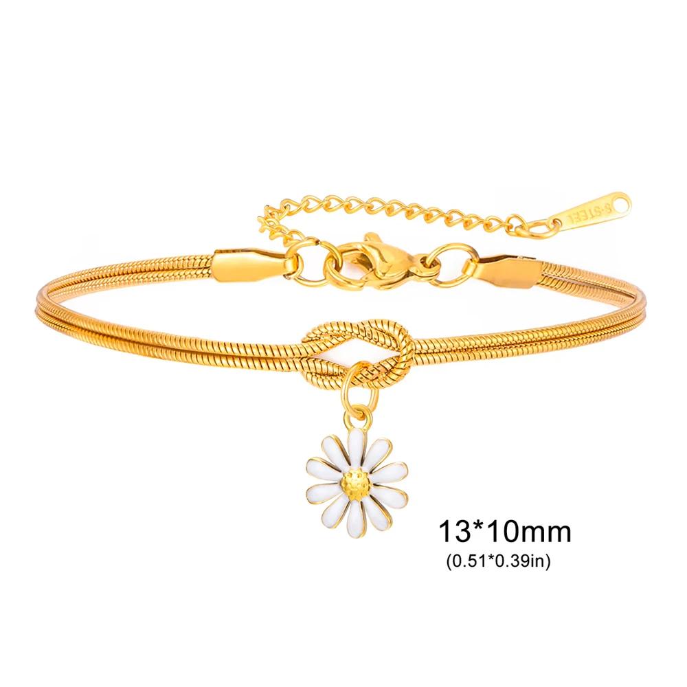 Enamel Daisy Flower Charm Bracelet Gold Color Stainless Steel Adjustable Love Knot Double Snake Chain Women Fashion Jewelry Gift