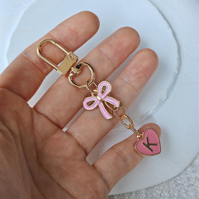 Creative Letters Metal Pink Bow Keychain Fashion A-Z 26 Letters Keyring Charms Mobile Phone Key Holders Bag Accessories Gift