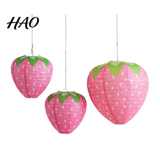 Birthday Party Hanging Ornaments Strawberry Paper Lantern, Pink Fruit Shaped Decor for Party, Foldable Collapsible Round Lamp Kindergarten Window And