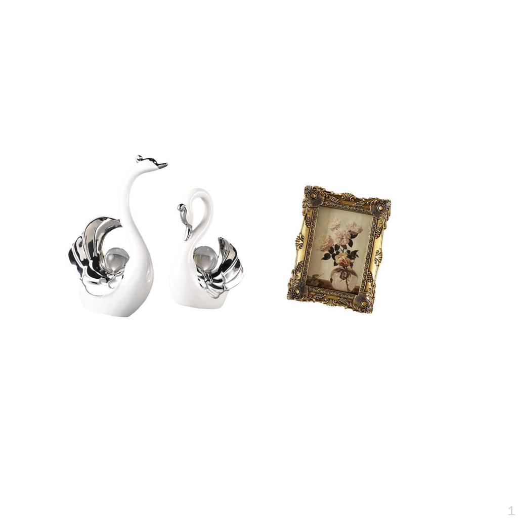 Swan Figurines And Ornate Photo Frame Vintage Resin Crafts for Living Room Table Centerpiece