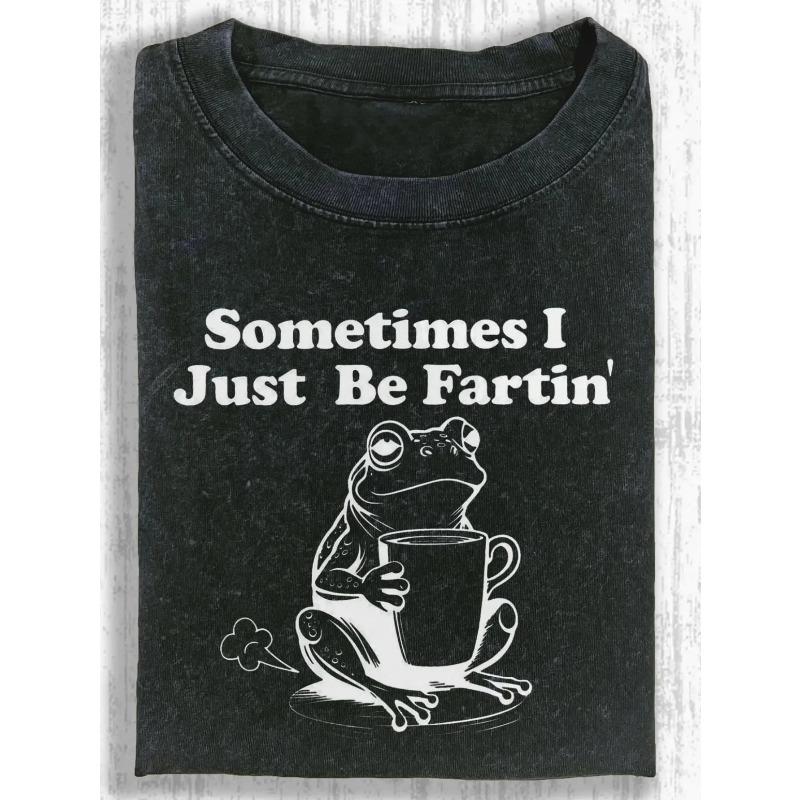 European Size Women S Retro Frog And Fart Joke Slogan T-Shirt- Acid Washed Batik Washed Short Sleeve Crew Neck Shirt With Sometimes I Fart Pattern S чёрный