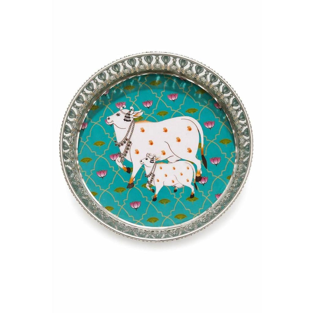 Handcrafted German Silver Pichwai Cow Design Tray 8 Inch | Round Pooja Thali | Decorative Serving Tray