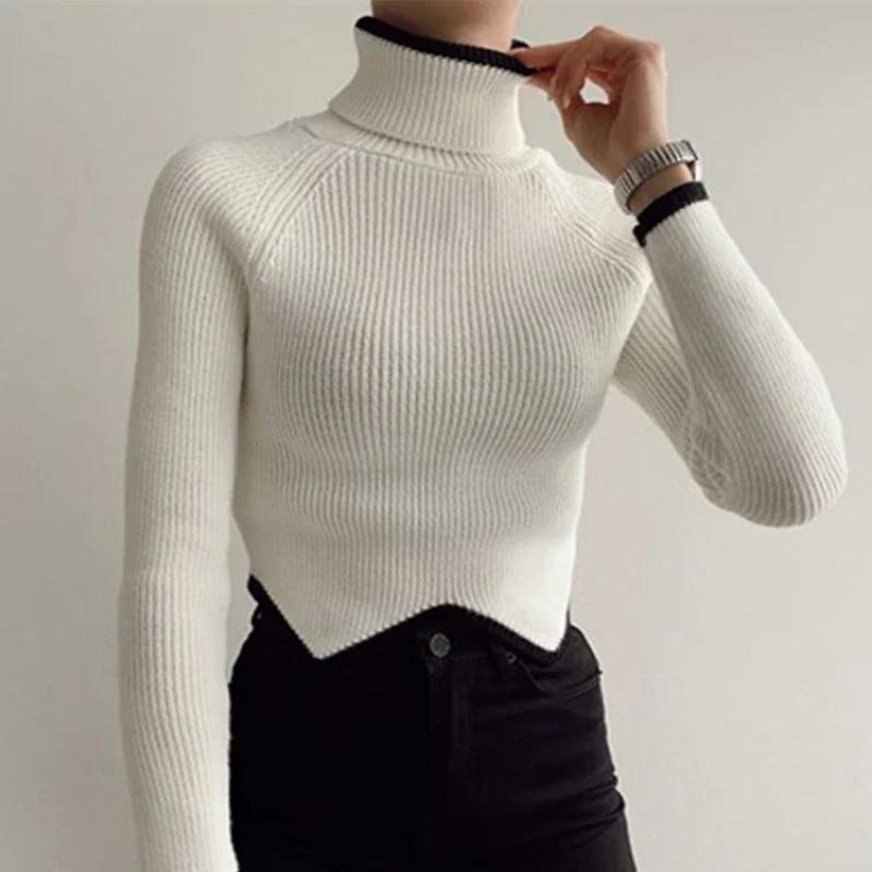 

Осень-зима, пуловер с длинными рукавами, вязаные свитера, женские нерегулярные однотонные повседневные водолазки, короткий свитер, модный трикотаж 30371 L белый