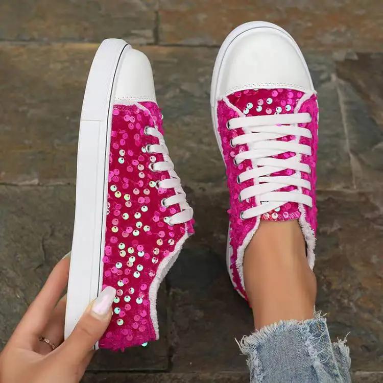 2025 Women's Single Shoes Spring Autumn New Fashion Sneakers Round Head Flat Bottom Lace Up Sequins Casual Shoes