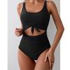 Women's One-Piece Swimsuit With Cross Straps To Cover The Belly, Conservative Solid Color Patchwork Swimsuit