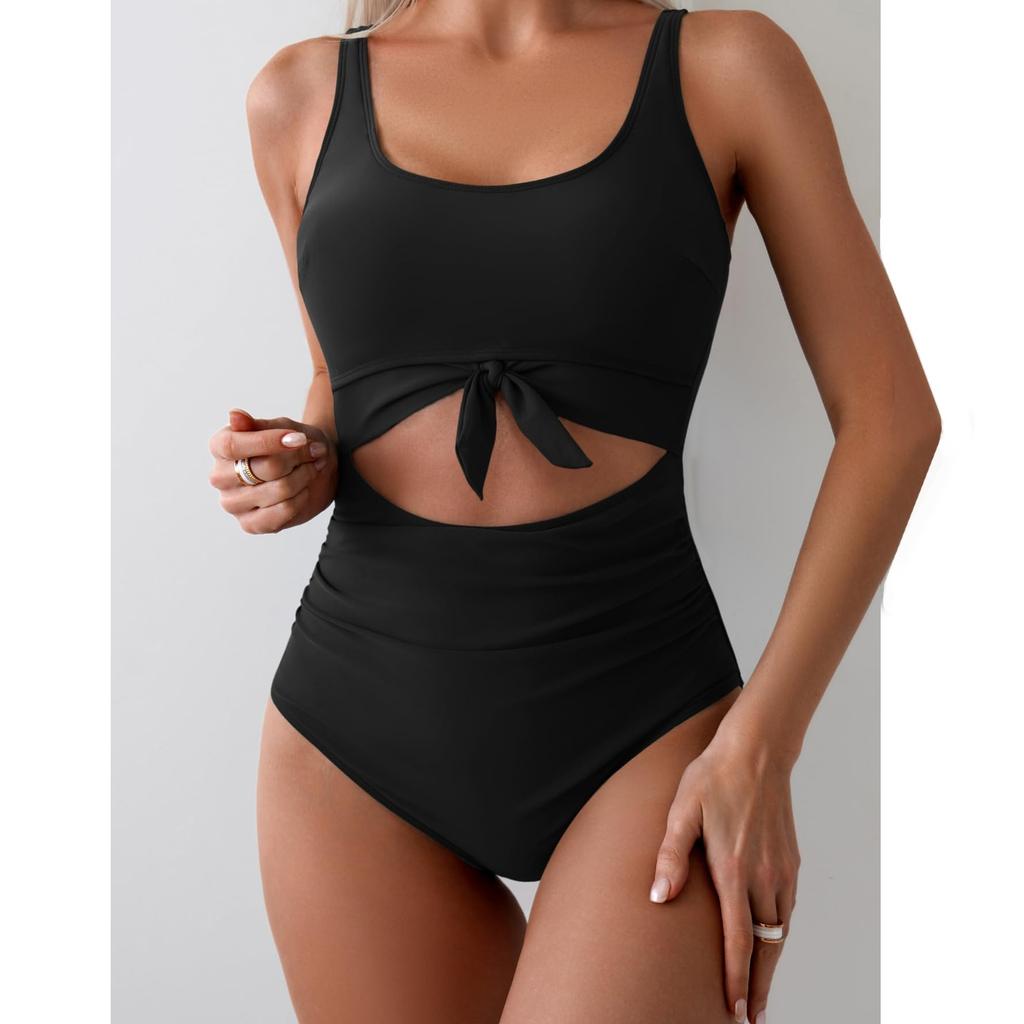 Women's One-Piece Swimsuit With Cross Straps To Cover The Belly, Conservative Solid Color Patchwork Swimsuit