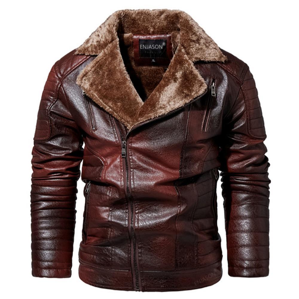 Men's Plus-Size European and American Style Fleece-Lined PU Leather Jacket - One-Piece Fur Design for Winter