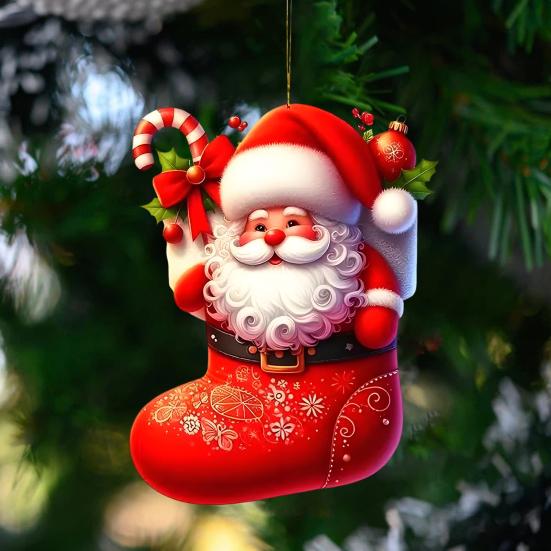 2Pcs Christmas Car Mirror Pendant Santa Claus Candy Cane Acrylic Ornaments Vibrant Festive Decor for Rearview Mirror Home Backpack