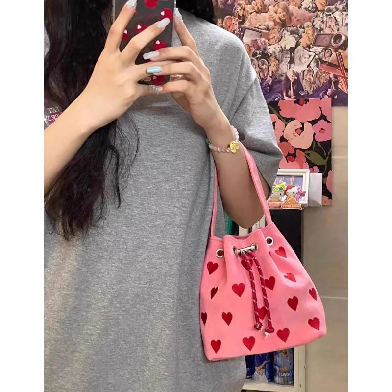 Pink Heart Bucket Handbags for Women Portable Cute Girls Small Shoulder Bag Versatile Commute Female Crossbody Bags Clutch Purse
