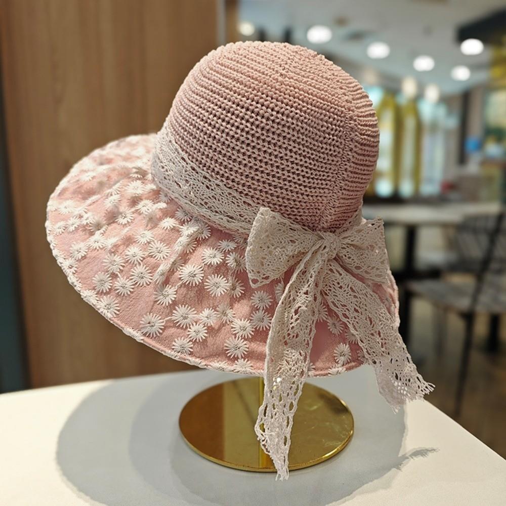 Lace Ribbon Bow Straw Bucket Hat Wide-Brim Fisherman Hat Elegant Beach Hat Outdoor Beach Travel
