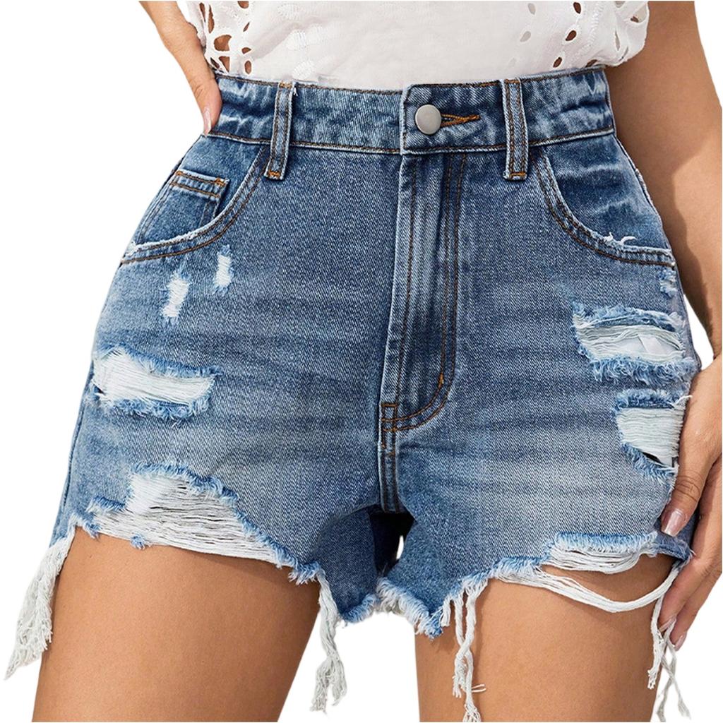 Women's Distressed Denim Shorts - Edgy Frayed Hem Hot Pants