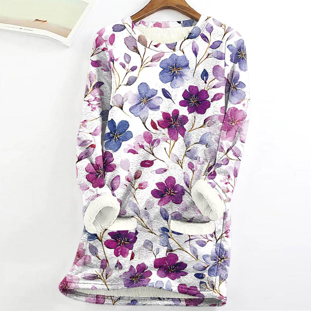 Dámský top s kulatým výstřihem s potiskem, zahuštěný plyšový kašmírový hřejivý dlouhý top