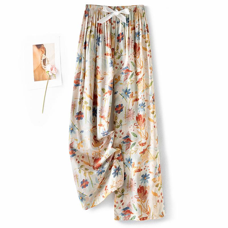 Pantaloni de pijama din bumbac mătase pentru femei, secțiune subțire de vară, anti-țânțari, pantaloni cu picior lat, culoare uni, pentru exterior, casă, petrecere a timpului liber, imprimeu, pantaloni de plajă până la genunchi