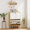 Narrow Shoe Cabinet with 2 Doors in Glossy White Adjustable Shelves Wooden Legs for 12 Pairs of Shoes