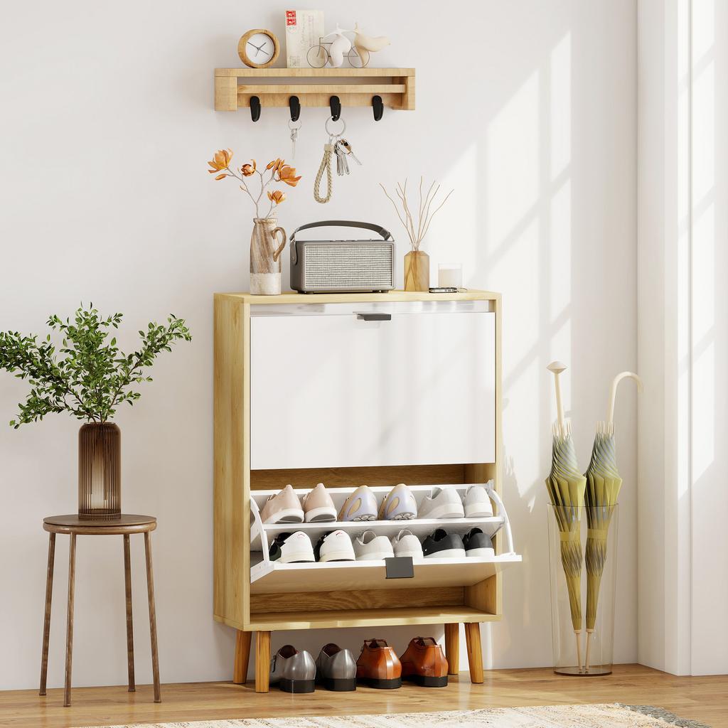 Narrow Shoe Cabinet with 2 Doors in Glossy White Adjustable Shelves Wooden Legs for 12 Pairs of Shoes