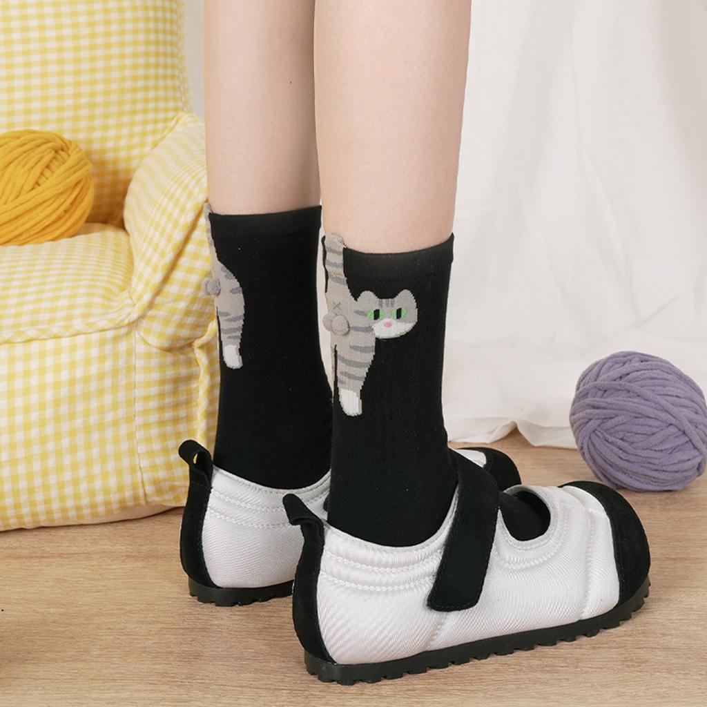 Whimsically 3D Fuzzy Balls Cats Pattern Ankle Socks Lightwieght Breathable Funny Middle Calf Socks for Women and