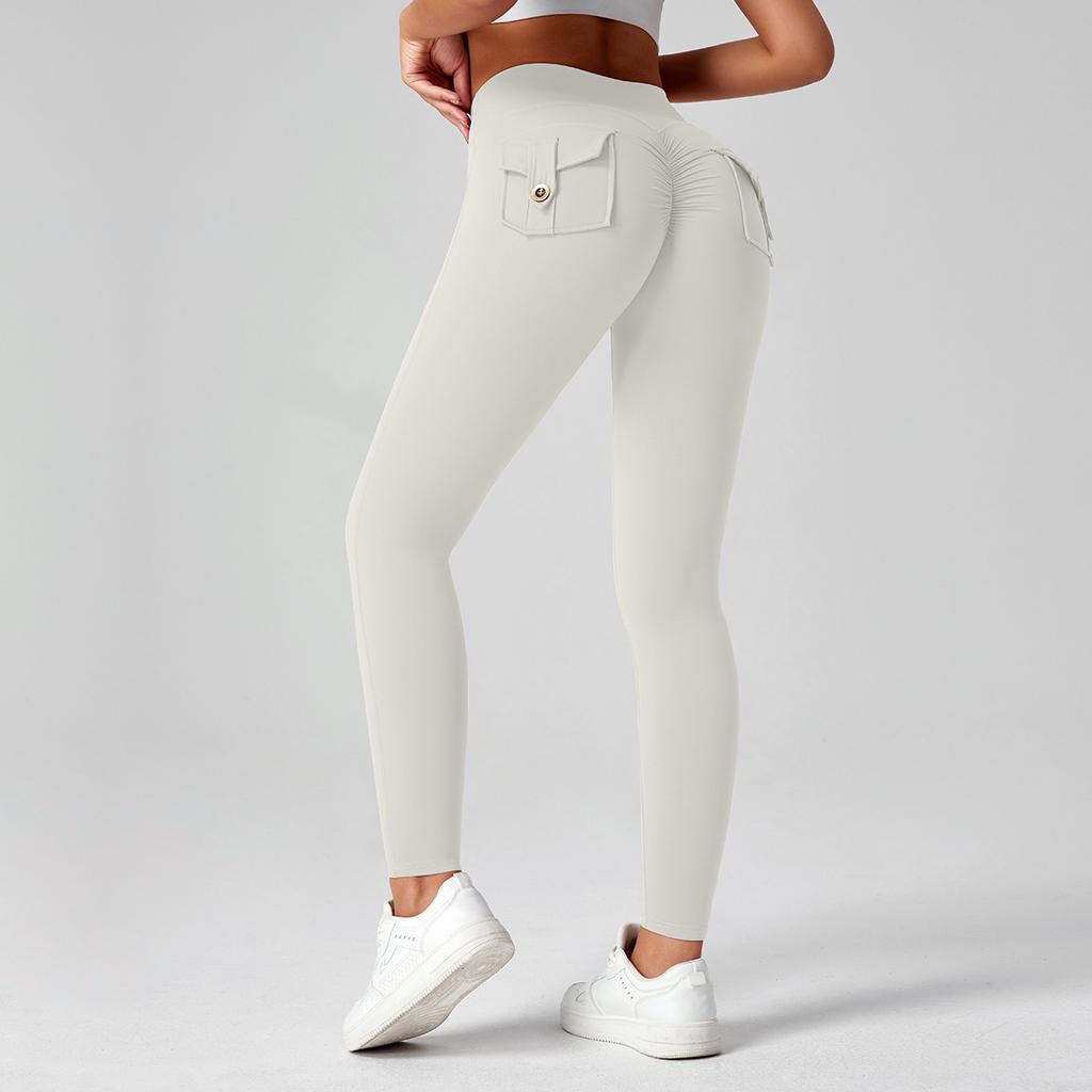Fitness Leggings With Pocket Sports Yoga Pants Scrunch Buttons Peach Hips Workflow High Waist Running Gym Tights Women