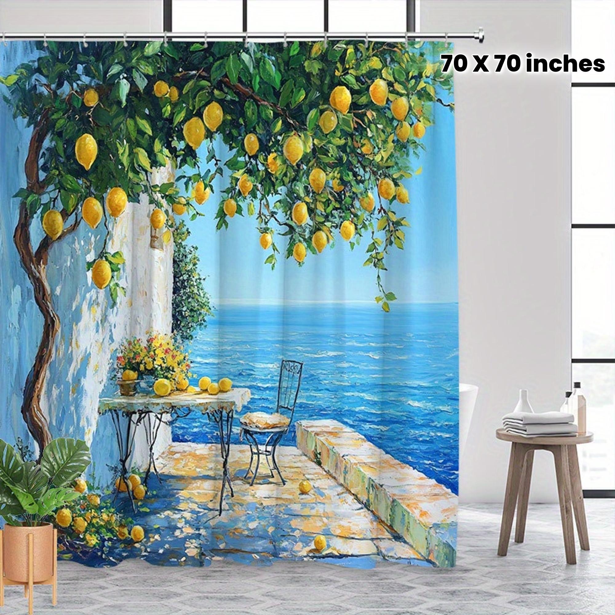 Monika Chen Lemon Tree Shower Curtain Mediterranean Sea View 3D Printed Waterproof Bathroom Decor Coastal Art Home Textile Design
