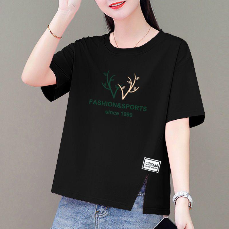 Korean Style Plus Size Loose Cotton Short-Sleeve Women's T-Shirt with Round Neck and Printed Design