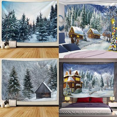 Christmas Snow Scene Home Decor Tapestry Forest Cabin Bohemian Decoration Hippie Christmas Tree Tapestry