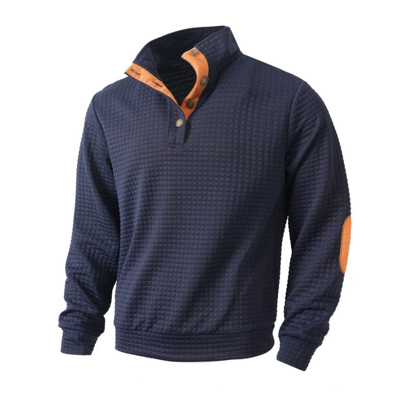Mens Stand Collar Buttoned Waffle Grid Long Sleeve Casual Sweatshirt