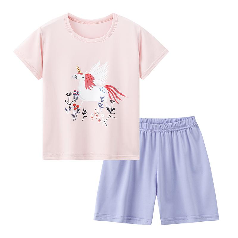 2-Pcs Children's Short-sleeved Shorts Suit Girl Sweet And Lovely Pink Round Neck Shirt Casual Joker Shorts Casual And Comfortabl
