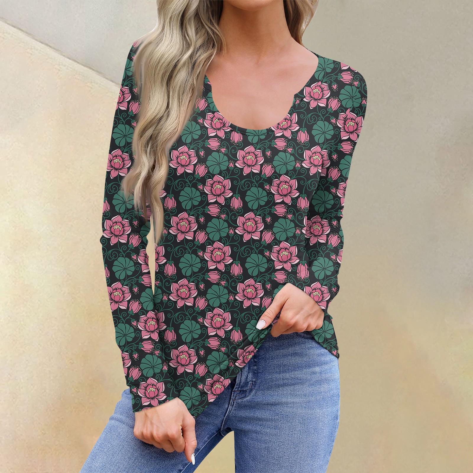 

Женская повседневная модная удобная рубашка с длинным рукавом и U-образным вырезом с цветочным принтом, футболка, топы XXL