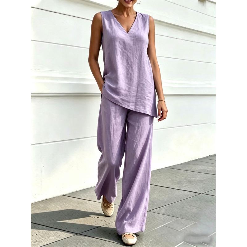 PEYWOW Costume de pantaloni casual de modă pentru femei, fără mâneci, cu decolteu în V
