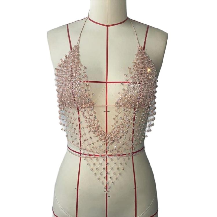 Women Shines Rhinestones Tank Top Halter Body Chain Fishnet Mesh Bra Crop Top Shirt for Night Club Party Raves Outfits