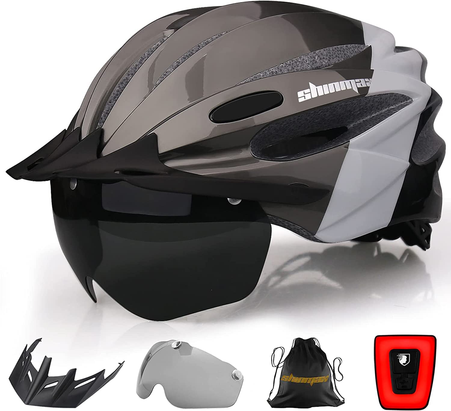 

Shinmax Adult Bicycle LED Road Bike Helmet with Magnetic Goggles and Sun Adjustable Unisex Helmet, CPSC/CE Certified, Light, Ultra-Lightweight, Visor, серый