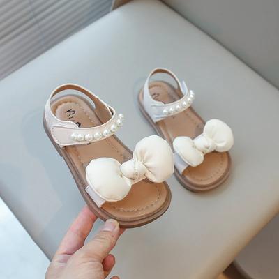 Sandalias para Bebé Niña Suaves Lazo Grande con Abalorios de Perlas Princesa Dulce Color Caramelo Zapatos de Playa para Niños 2024 Nuevo Verano Plano