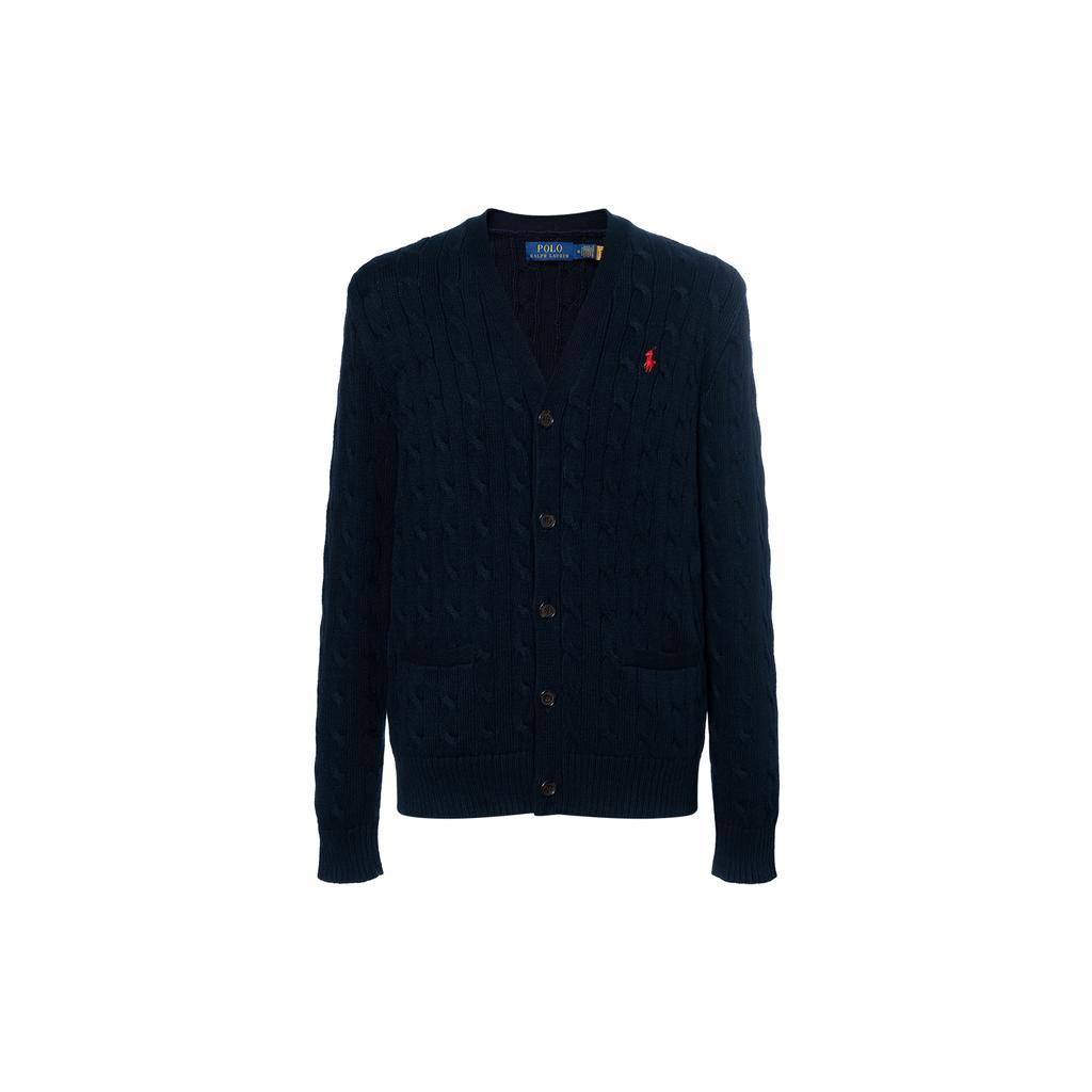 Polo Ralph Lauren Solid Color Small Pony Logo Embroidered Twisted V-Neck Long Sleeve Cardigan Sweater Men sweater Navy-Blue MNPOSWE16821756-400