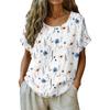 Damen Vintage Print Kurzarm Top - Rundhalsausschnitt, Baumwoll-Leinen-Stoff
