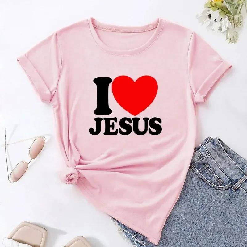 Fashionable I Love Jesus Letter Printed New Casual Daily Short Sleeved Round Neck Womens Tshirt Suitable for All Seasons